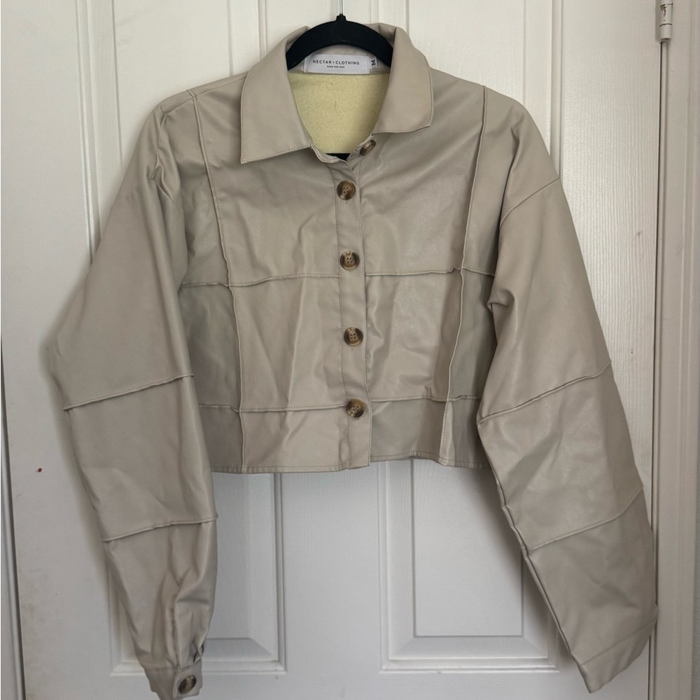 River Island Cream Leather Cropped Jacket with Balloon Sleeves